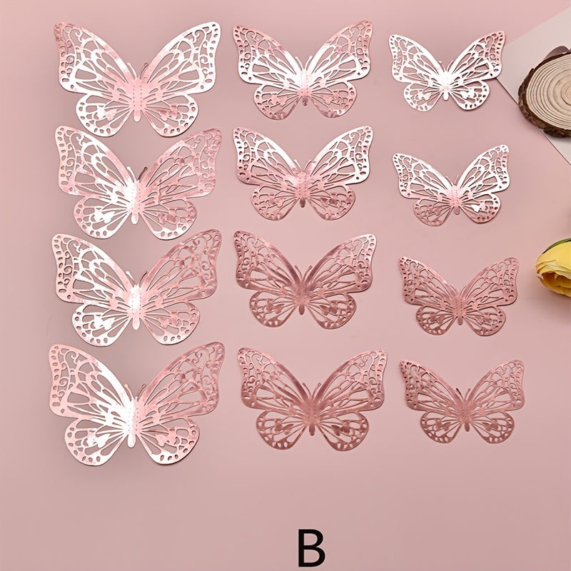 12pcs 3D Wall Sticker, Hollow Butterfly Self-Adhesive Wall Stickers, Bedroom Bathroom Living Room Porch Home Decoration Wall Stickers, Removable Stickers, Wall Decor Decals