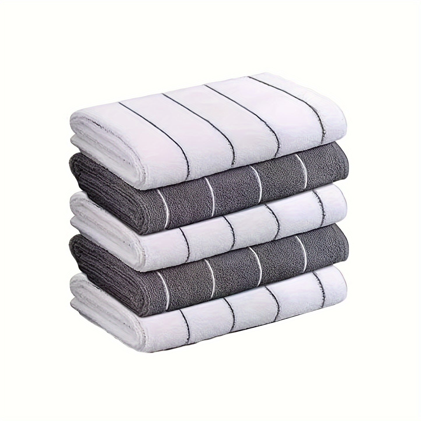 [Super Absorbent Towels] 5pcs HYER KITCHEN Super Absorbent Microfiber Cleaning Towels, Quick-Drying, Striped Gray and White, Multipurpose for Kitchen & Bathroom Use