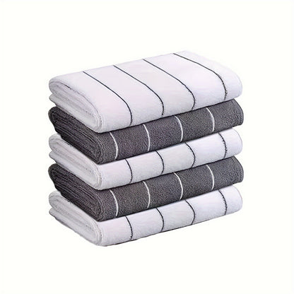 [Super Absorbent Towels] 5pcs HYER KITCHEN Super Absorbent Microfiber Cleaning Towels, Quick-Drying, Striped Gray and White, Multipurpose for Kitchen & Bathroom Use