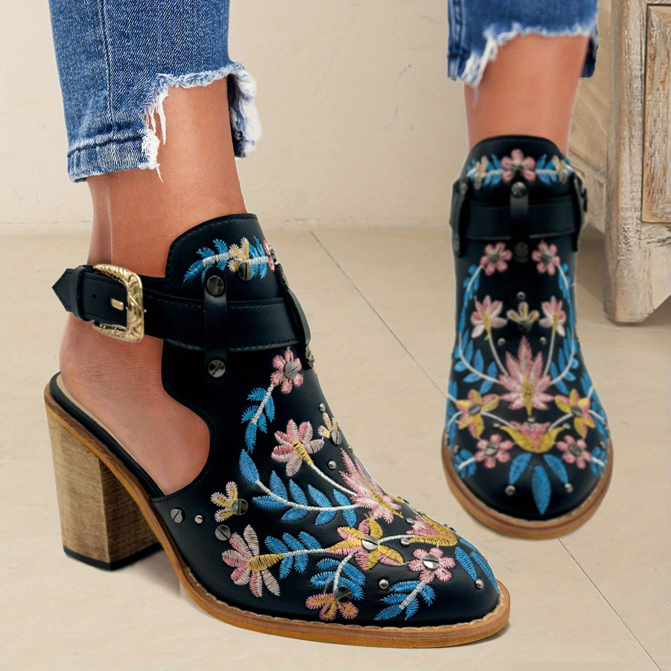 [New, Chunky Heel Boots] 2025 New Chunky Heel Ankle Boots | Women's Pointed Toe Floral Vintage Style with Comfortable Open Back Strap