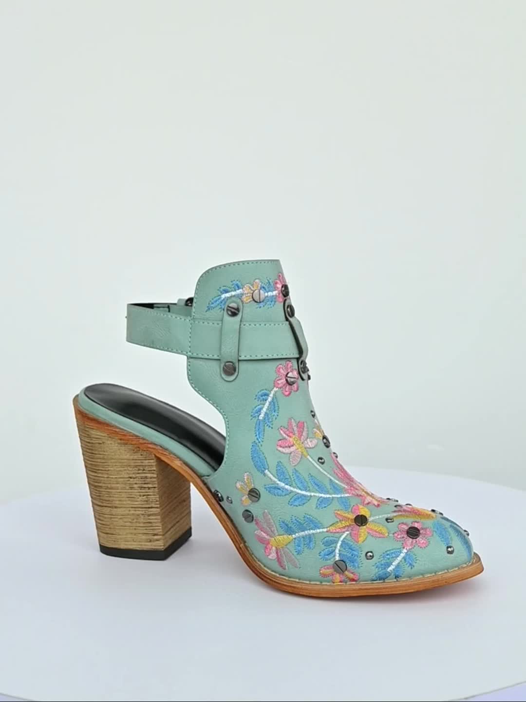 [New, Chunky Heel Boots] 2025 New Chunky Heel Ankle Boots | Women's Pointed Toe Floral Vintage Style with Comfortable Open Back Strap