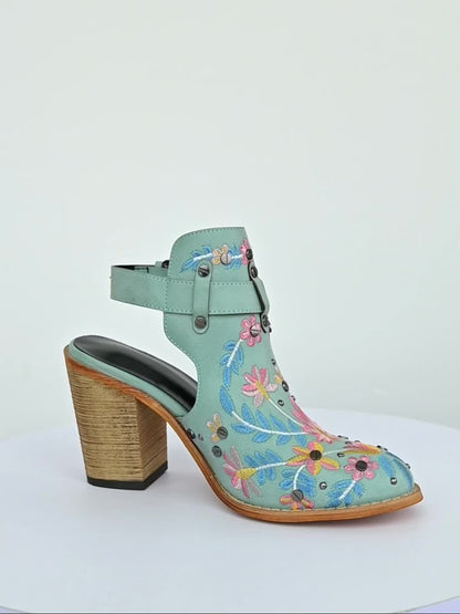 [New, Chunky Heel Boots] 2025 New Chunky Heel Ankle Boots | Women's Pointed Toe Floral Vintage Style with Comfortable Open Back Strap