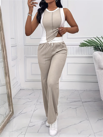 [Casual Color Block Pantsuit] Polyester Women's Casual Color Block Pantsuit with Drawstring Waist - Olive Green, White, and Gray, Spring/Summer Fashion, Casual Attire|Casual Style