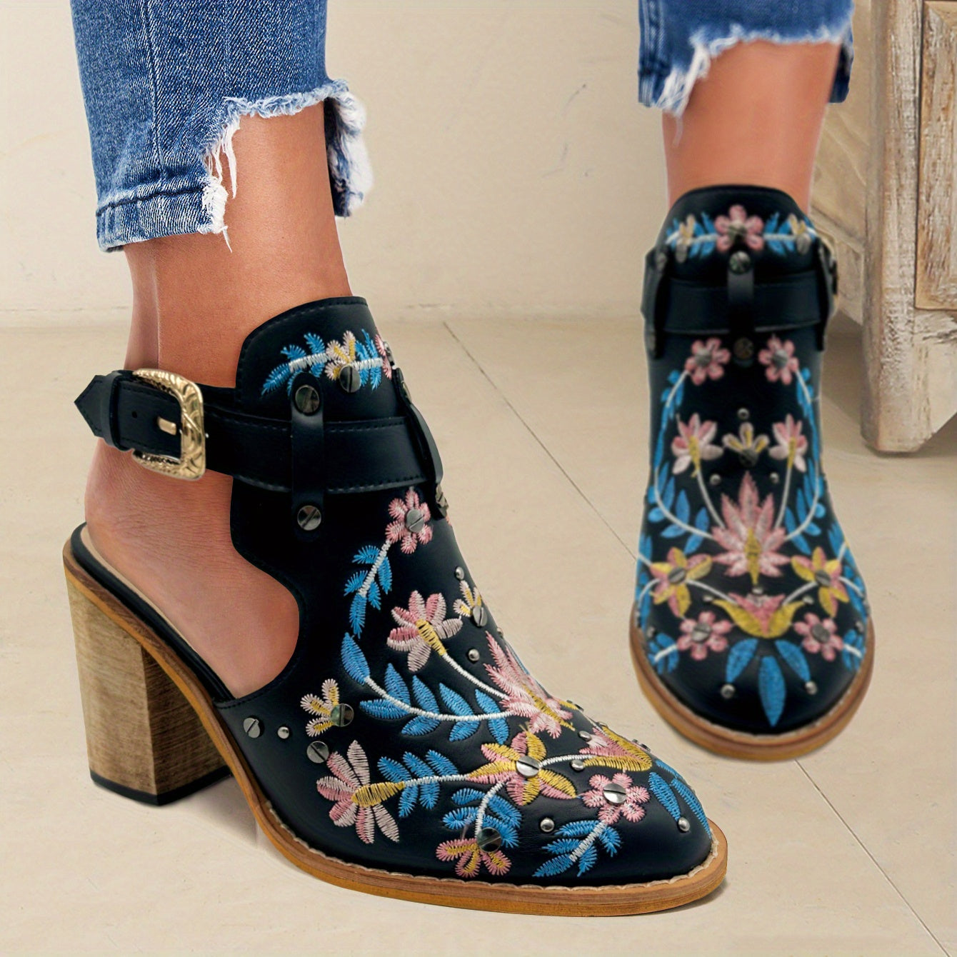 [New, Chunky Heel Boots] 2025 New Chunky Heel Ankle Boots | Women's Pointed Toe Floral Vintage Style with Comfortable Open Back Strap