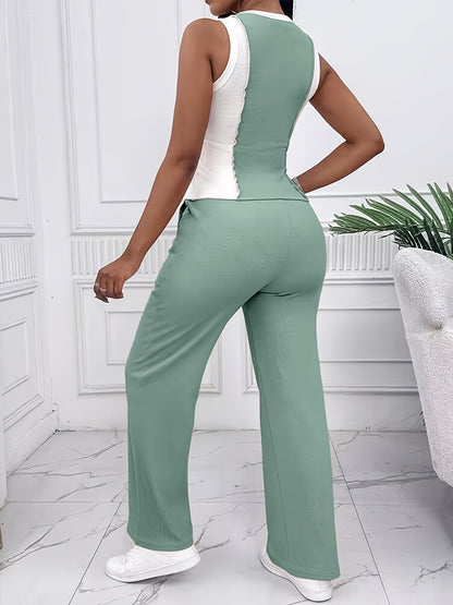 [Casual Color Block Pantsuit] Polyester Women's Casual Color Block Pantsuit with Drawstring Waist - Olive Green, White, and Gray, Spring/Summer Fashion, Casual Attire|Casual Style