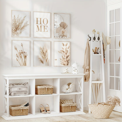 6pcs Unframed Beige Canvas Painting Set, Pampas Grass Painting Poster, Dried Grass Wall Art Painting, Reed Wall Paintings, Leaf Wall Art, Fan Blades Print Pictures, Herbarium Art Prints, Nordic Wall Posters, Home Decoration