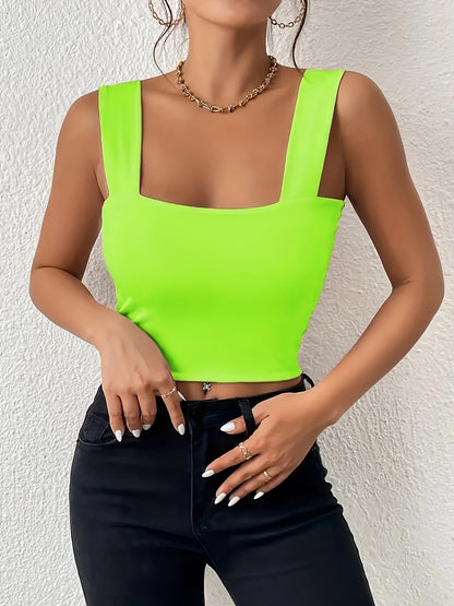 Stretchy Women's Crop Tank Top - Casual Everyday Essential - Soft, Breathable, Sleeveless, Solid Color, Comfortable, Relaxed Fit, Women's Clothing
