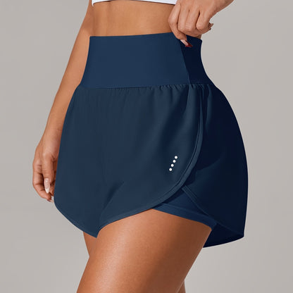 [Yoga Activewear] Women's Light Blue Yoga Shorts - Casual & Loose-Fit, High-Waisted with Ruffle Detail, Stretchy Polyester-Elastane Blend, Machine Washable, Perfect for Spring/Summer/Fall