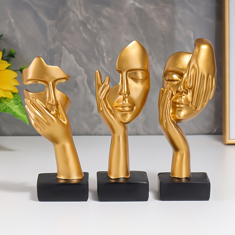 3pcs Thinker Statue, Mask Sculpture, Silence Is Golden Abstract Art Figurine, Modern Home Resin Sculpture Ornament, Creative Room Home Decor, Office Modern Decoration, Living Room Wine Cabinet Decoration, Party Supplies, Warm