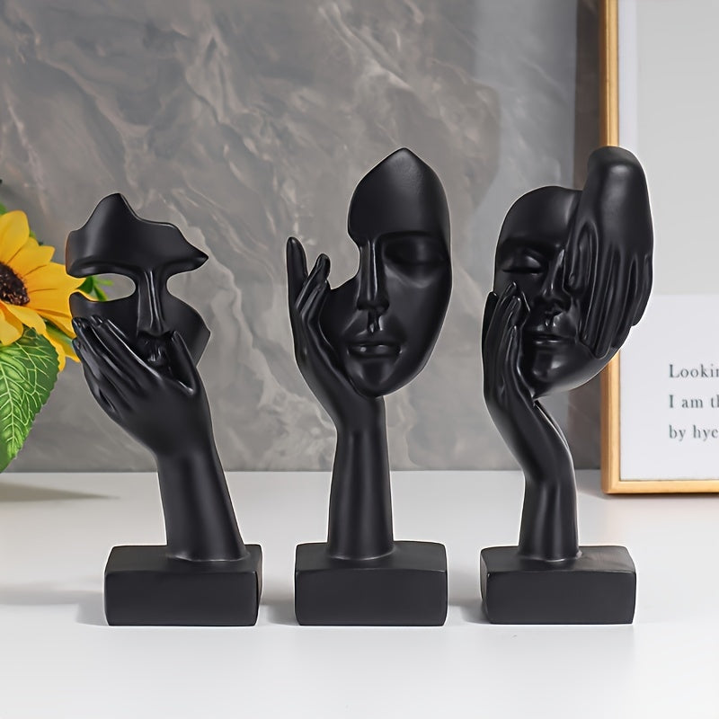 3pcs Thinker Statue, Mask Sculpture, Silence Is Golden Abstract Art Figurine, Modern Home Resin Sculpture Ornament, Creative Room Home Decor, Office Modern Decoration, Living Room Wine Cabinet Decoration, Party Supplies, Warm