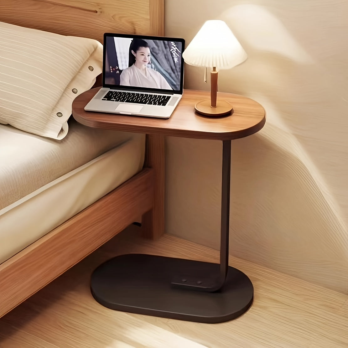 [Adjustable Height Wooden Side Table] Chic C-Shaped Wooden Side Table with Adjustable Height - Modern Art Deco Design, Sturdy Metal Legs for Living Room & Outdoor Use