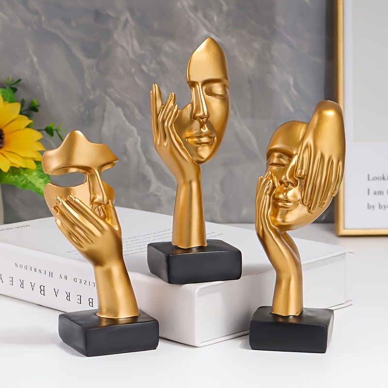 3pcs Thinker Statue, Mask Sculpture, Silence Is Golden Abstract Art Figurine, Modern Home Resin Sculpture Ornament, Creative Room Home Decor, Office Modern Decoration, Living Room Wine Cabinet Decoration, Party Supplies, Warm