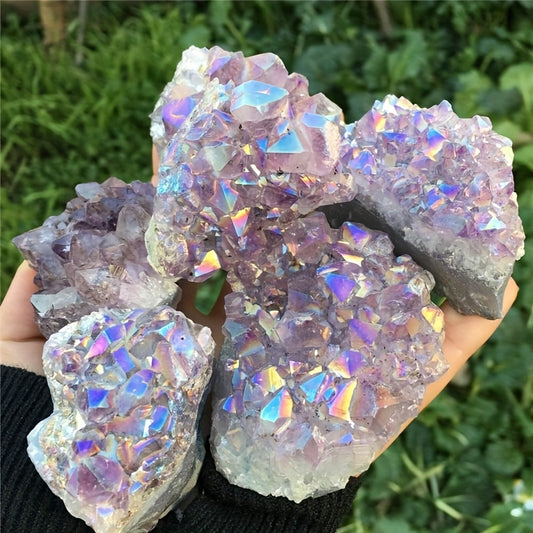 1pc Aura Amethyst Cluster Titanium Bonded High Decoration Crystal, Natural Reiki Rock And Calming Effects