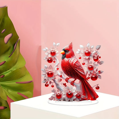 1pc Acrylic Cardinal Bird Statue with White Floral Accents, Art Deco Style Tabletop Decor, Animal Theme Desk Ornament, Ideal for Valentine'S Day, Christmas, Home, Office, Living Room, Bar - No Power Needed