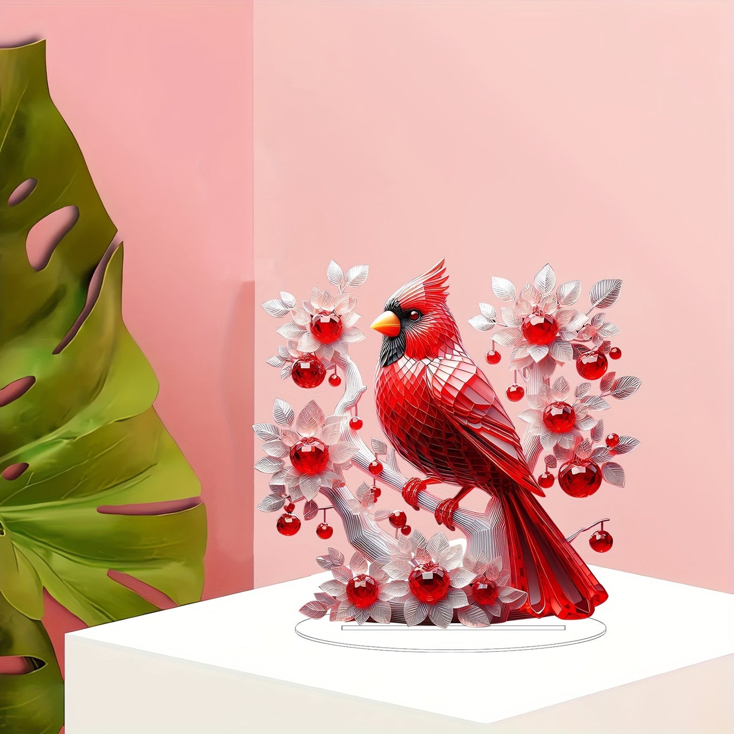 1pc Acrylic Cardinal Bird Statue with White Floral Accents, Art Deco Style Tabletop Decor, Animal Theme Desk Ornament, Ideal for Valentine'S Day, Christmas, Home, Office, Living Room, Bar - No Power Needed
