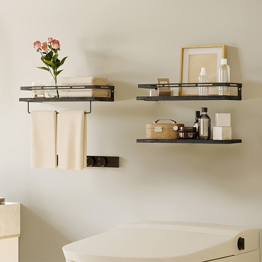 Superlele 6pcs Floating Shelves, Christmas And Home Storage, Wall Mounted Floating Shelves With Metal Frame, Rustic Shelves Over Toilet With Towel Bar For Kitchen, Bedroom, Black