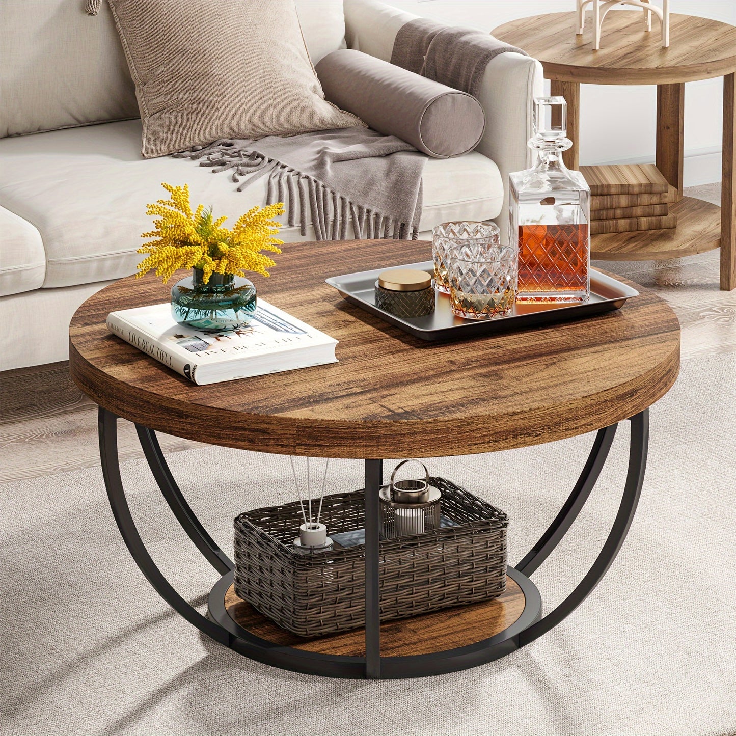 Stylish 31.7" Round 2-Tier Coffee Table with Storage Shelves - Rustic Brown Wooden Accent Center Table for Living Room & Home Office, Modern Industrial Design with Metal Base, Ideal for Halloween & Thanksgiving Decor, Coffee