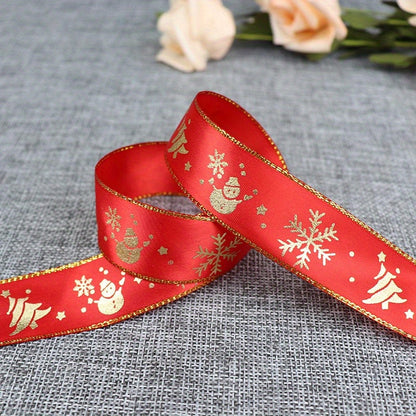 1pc 5 Yards 25mm Bronzing Christmas Ribbon Printed Polyester Ribbon For Christmas Decoration Gift Wrapping DIY Sewing Fabric