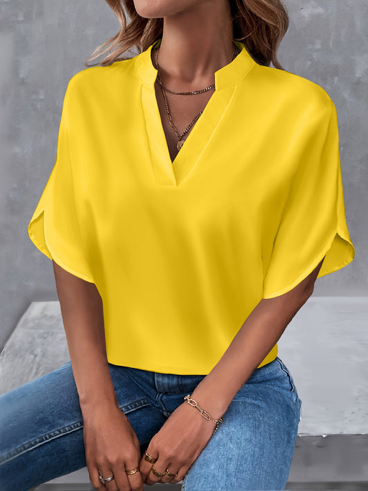 Solid Color Notch Neck Blouse, Casual Short Split Sleeve Blouse For Spring & Summer, Women's Clothing