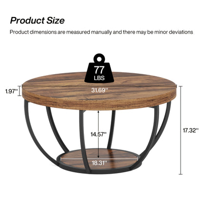 Stylish 31.7" Round 2-Tier Coffee Table with Storage Shelves - Rustic Brown Wooden Accent Center Table for Living Room & Home Office, Modern Industrial Design with Metal Base, Ideal for Halloween & Thanksgiving Decor, Coffee