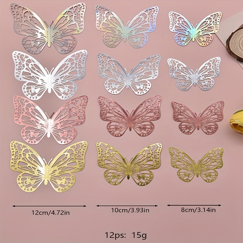 12pcs 3D Wall Sticker, Hollow Butterfly Self-Adhesive Wall Stickers, Bedroom Bathroom Living Room Porch Home Decoration Wall Stickers, Removable Stickers, Wall Decor Decals