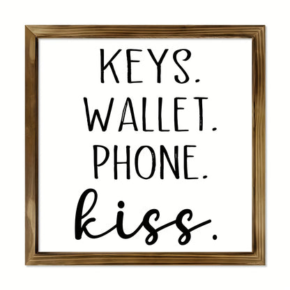 1pc Art Deco Classic Modern Style "Keys Wallet Phone Kiss" Wooden Sign, 8x8in Pine Wood Framed Canvas Wall Art, Fade-Resistant Indoor Portrait Orientation Poster for Living Room, Bedroom, Kitchen, Bathroom Decor, Ideal Housew