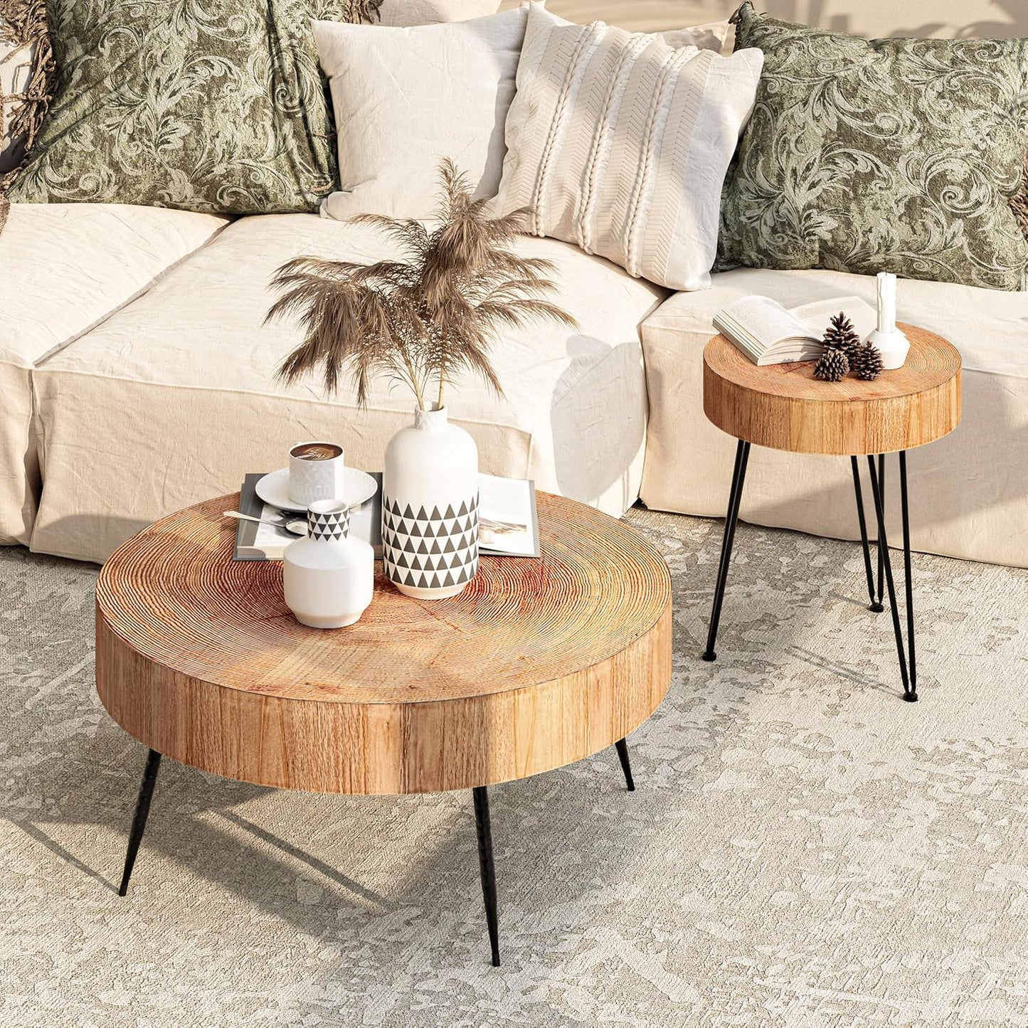 [Modern Farmhouse Nesting Table] Modern Farmhouse Nesting Table Round Natural Finish with Handcrafted Ring Motif, Light Red + Wood Color Furniture for Home, Storage Shelves, Nightstand, Living Room Coffee Table Set