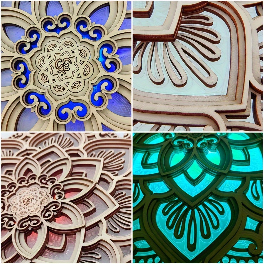 [3D Carved Wooden Mandala Light] Wooden mandala atmosphere LED night light, creative three-dimensional carved gifts, home decoration pendant crafts, Christmas, birthday gifts.