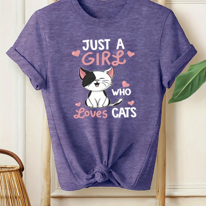 [Cute Cat Tee] Soft Casual Women's Cat Lover Graphic Tee | Cute Cartoon Kitten with Hearts & "Just a Who Loves Cats" Text, Machine Washable All-Season Shirt, Nontransparent Material