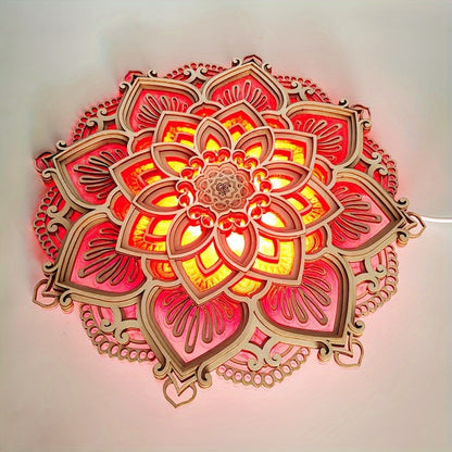 [3D Carved Wooden Mandala Light] Wooden mandala atmosphere LED night light, creative three-dimensional carved gifts, home decoration pendant crafts, Christmas, birthday gifts.