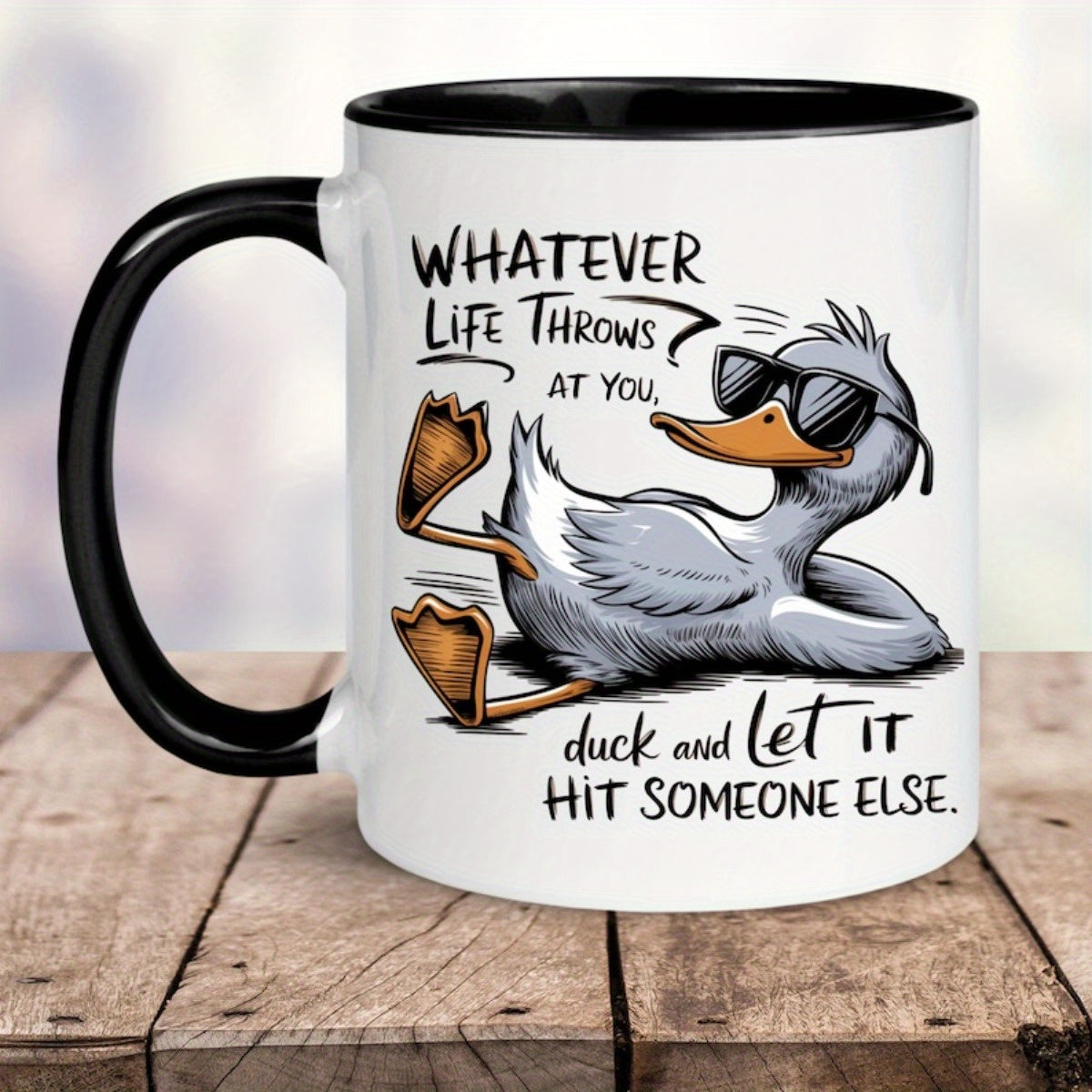 1pc 11oz Ceramic Coffee Mug with Funny Duck Quote "Whatever Life Throws at You, Duck and Let It Hit Someone Else" - Humorous White Cup with Fashion Glasses Duck Design & Black Handle, Dishwasher Safe, Perfect Gift for Friends