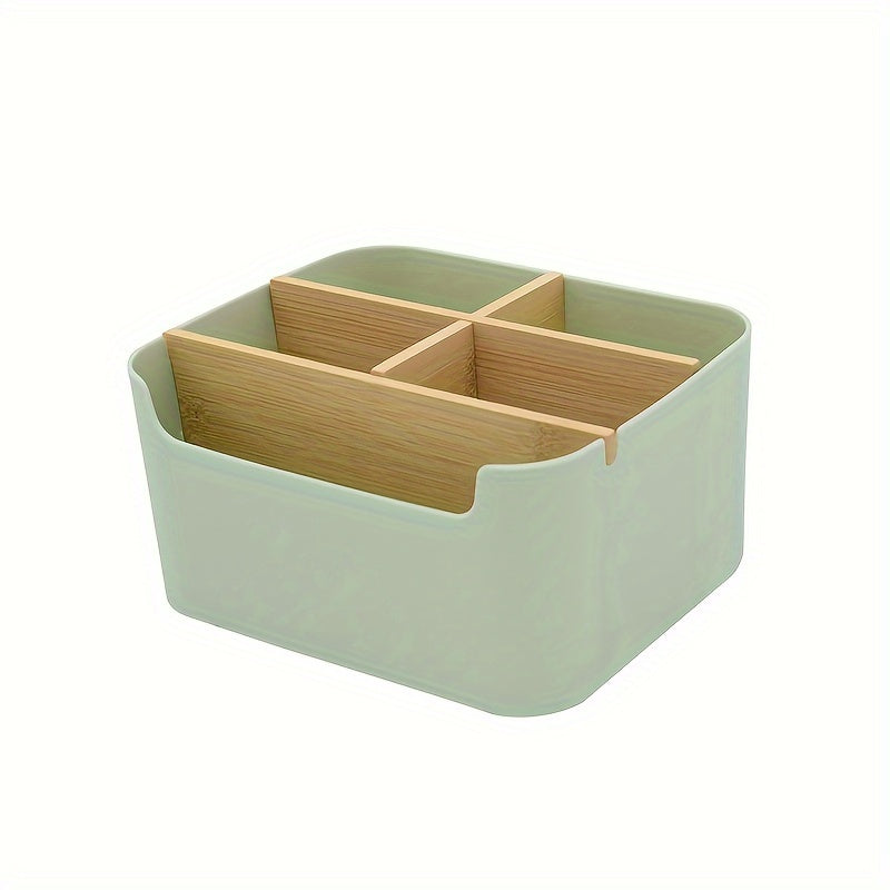 1pc 5 Compartments Bamboo Desk Organizer, Office Organizer with Pen Holder, Bathroom Make Up Storage Box, Living Room Sundries Holder, Bedroom Earing Hair Ring Jewelry Storage Box, Desk & Drawer Organizer for Home Storage