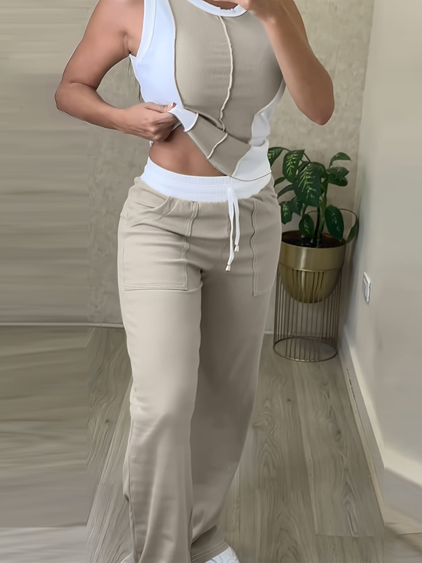 [Casual Color Block Pantsuit] Polyester Women's Casual Color Block Pantsuit with Drawstring Waist - Olive Green, White, and Gray, Spring/Summer Fashion, Casual Attire|Casual Style