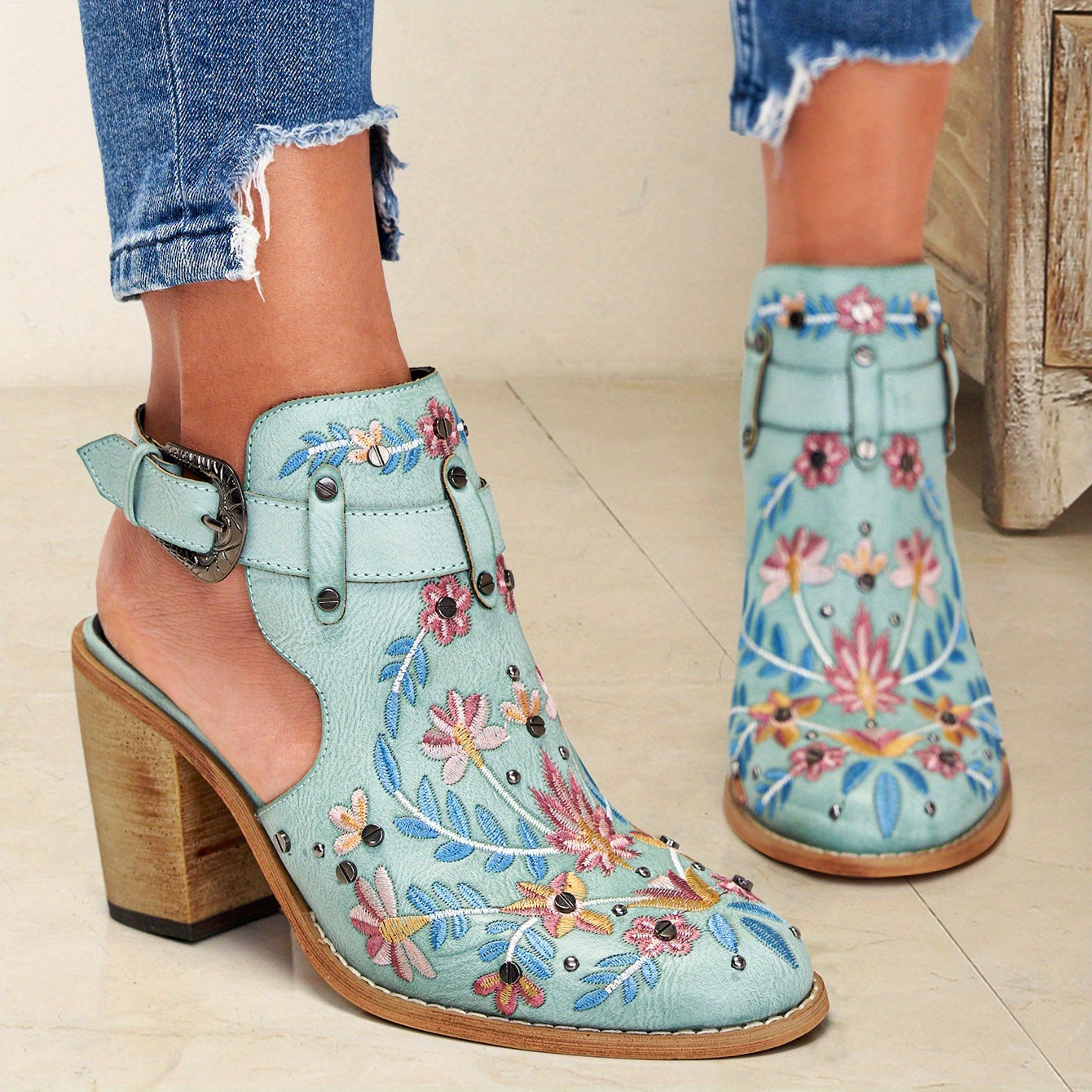 [New, Chunky Heel Boots] 2025 New Chunky Heel Ankle Boots | Women's Pointed Toe Floral Vintage Style with Comfortable Open Back Strap