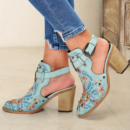 [New, Chunky Heel Boots] 2025 New Chunky Heel Ankle Boots | Women's Pointed Toe Floral Vintage Style with Comfortable Open Back Strap