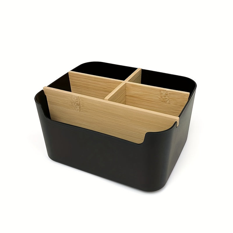 1pc 5 Compartments Bamboo Desk Organizer, Office Organizer with Pen Holder, Bathroom Make Up Storage Box, Living Room Sundries Holder, Bedroom Earing Hair Ring Jewelry Storage Box, Desk & Drawer Organizer for Home Storage