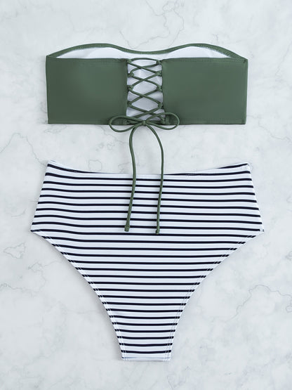 Striped Print Bandeau Two Piece Swimsuit, Army Green Strapless Tube Top, High Rise Black & White Striped Bottom Bikini Sets, Women's Swimwear & Clothing