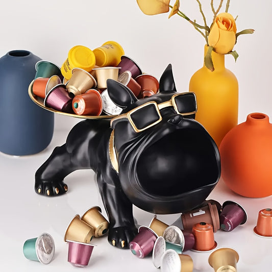 1 Chic Bulldog Storage Decor - Resin Art Statue with Glasses & Golden Tray, Ideal for Home & Office, Fits Living Room, Bedroom, Entryway - Perfect for Christmas, New Year, Mother'S Day, Halloween, Easter, Dog Deco