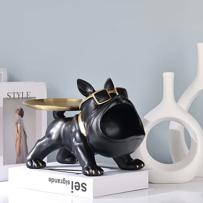 1 Chic Bulldog Storage Decor - Resin Art Statue with Glasses & Golden Tray, Ideal for Home & Office, Fits Living Room, Bedroom, Entryway - Perfect for Christmas, New Year, Mother'S Day, Halloween, Easter, Dog Deco