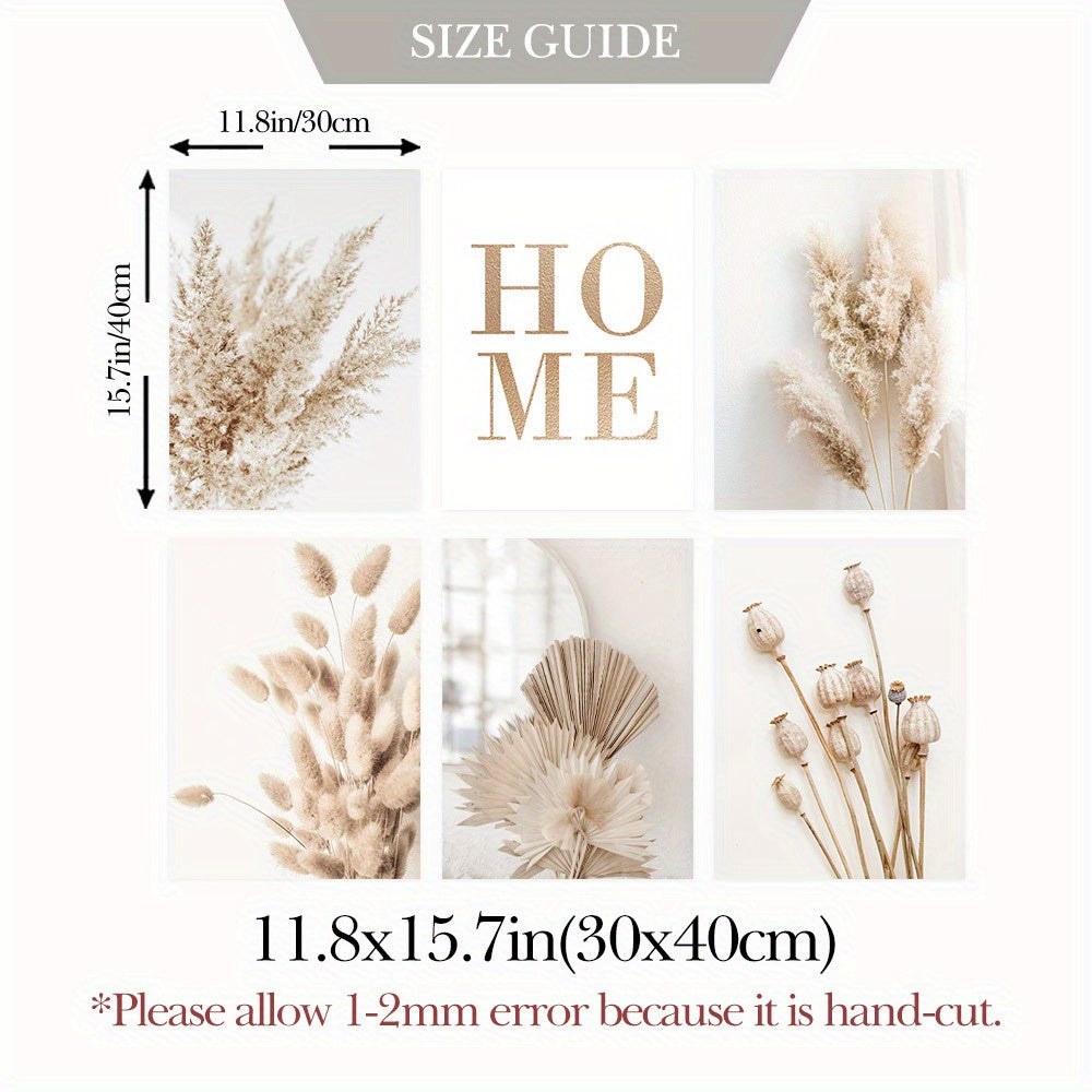 6pcs Unframed Beige Canvas Painting Set, Pampas Grass Painting Poster, Dried Grass Wall Art Painting, Reed Wall Paintings, Leaf Wall Art, Fan Blades Print Pictures, Herbarium Art Prints, Nordic Wall Posters, Home Decoration
