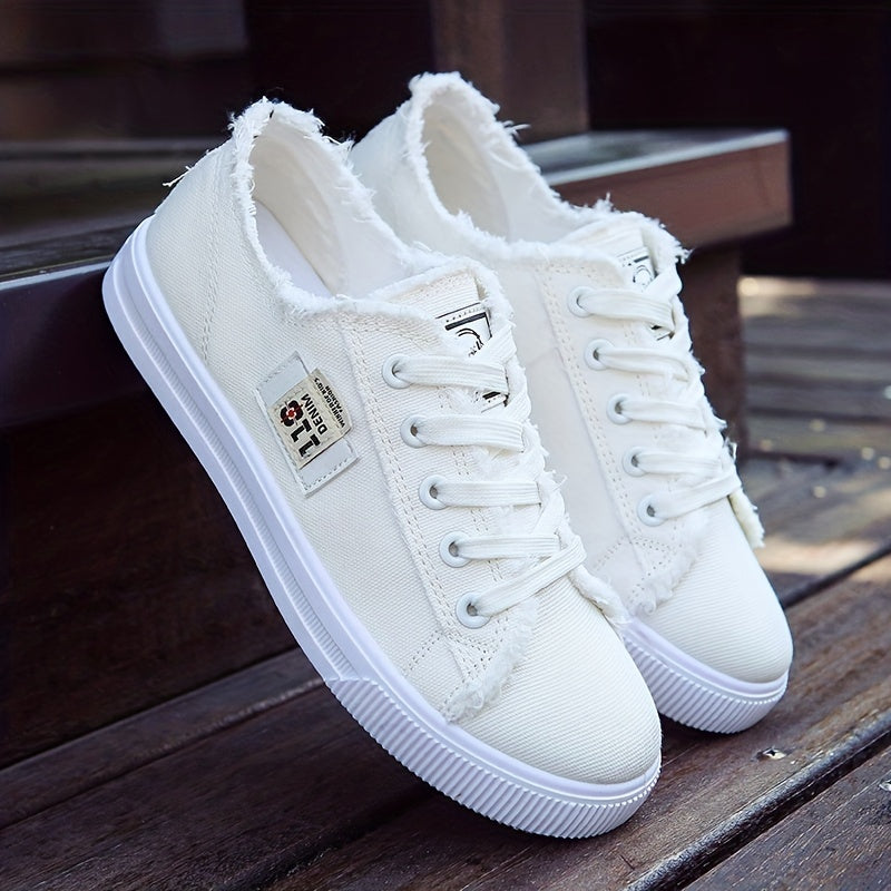 [Casual Canvas Shoes] White Women's Casual Round Toe Solid Color Canvas Shoes | Flat Bottom, PVC Sole, Fabric Upper And Insole, Hand Wash, No Dry Clean, Spring, Autumn, All Season 2022