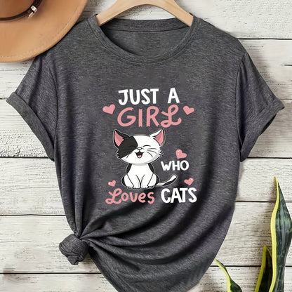 [Cute Cat Tee] Soft Casual Women's Cat Lover Graphic Tee | Cute Cartoon Kitten with Hearts & "Just a Who Loves Cats" Text, Machine Washable All-Season Shirt, Nontransparent Material