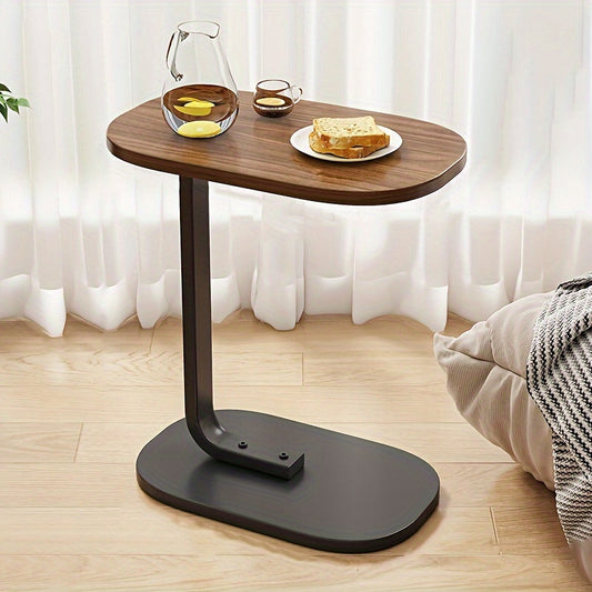 [Adjustable Height Wooden Side Table] Chic C-Shaped Wooden Side Table with Adjustable Height - Modern Art Deco Design, Sturdy Metal Legs for Living Room & Outdoor Use