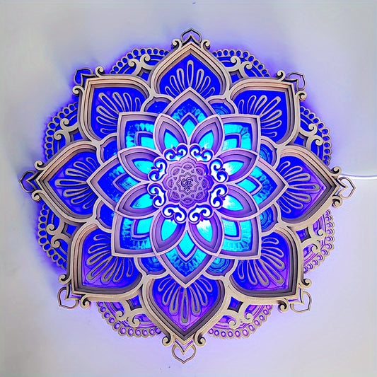 [3D Carved Wooden Mandala Light] Wooden mandala atmosphere LED night light, creative three-dimensional carved gifts, home decoration pendant crafts, Christmas, birthday gifts.