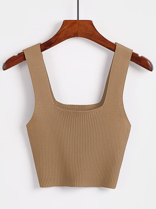Solid Cropped Rib Knitted Vest, Elegant Sleeveless Summer Stretchy Vest, Women's Clothing