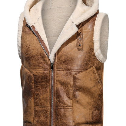 [Warm Hooded Vest] Warm & Windproof Men's Fleece-Lined Hooded Vest - Stylish Sleeveless Jacket with Zipper Pockets, Olive Green, Daily Comfort Vest | Hooded Jacket | Functional Pockets