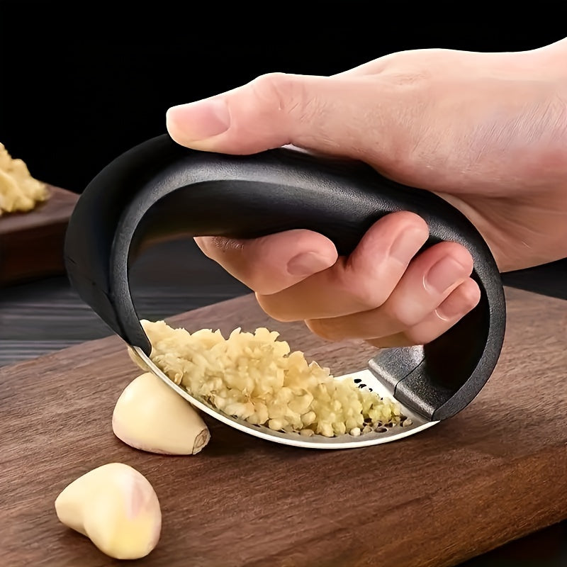 Stainless Steel Manual Garlic Press with Ergonomic Black Handle - Multi-Functional Kitchen Tool for Crushing Garlic, No Electricity Needed, Durable & Easy to Clean, Garlic Crusher